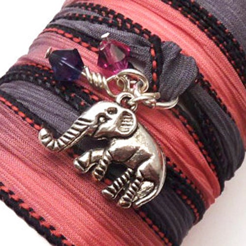 Silk Ribbon Wrap Bracelet with Lucky Elephant Charm,yoga jewelry,wrapped, wrapping, wrap around,wrist wrap