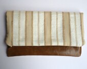 Multi style tan leather and shimmery silk clutch bag, large