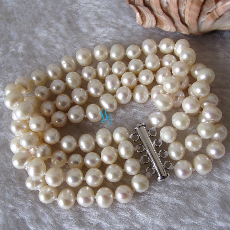 Pearl Bracelet - 8 inches 4 Row 7-8mm White Freshwater Pearl Bracelet - Free shipping