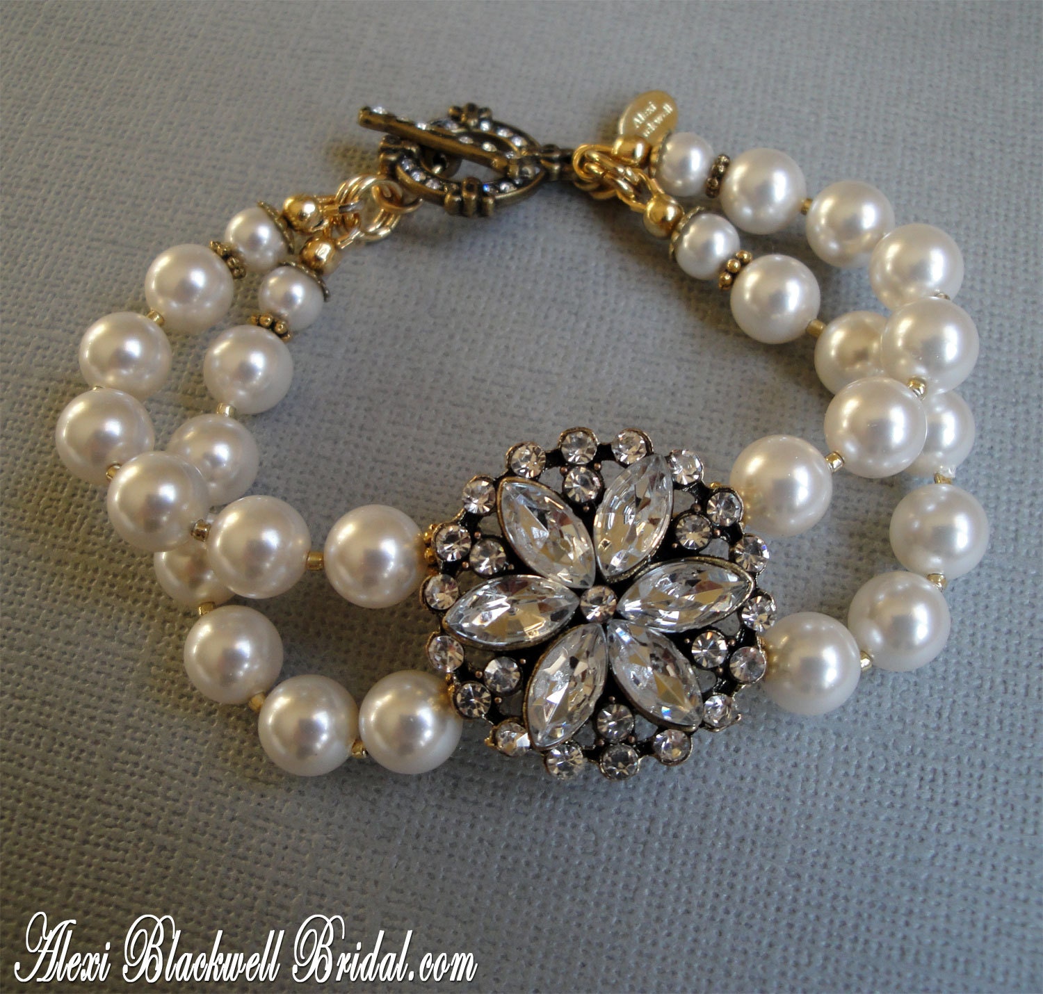 Bridesmaid Bracelet Set Swarovski Pearls and Rhinestone Focal in Antique Gold 2 multi strands in white or ivory wedding jewelry gifts