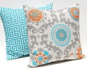 Decorative Throw Pillow Covers Turquoise, Orange and Gray on Natural Greek Key and Suzani 20 x 20 Inches Accent Pillows Cushion Covers