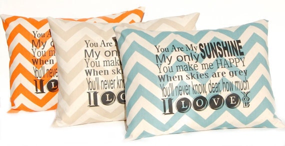 Chevron Pillow Cover 12 x 16 Typography You Are My Sunshine Orange Blue Natural with Black Letters Initials Decorative Throw Pillow Cover