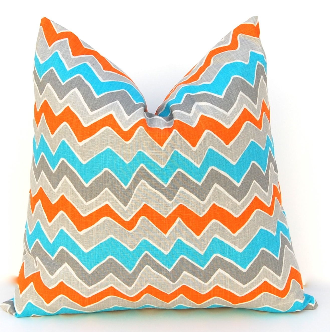Decorative Throw Pillow Cover Orange and Turquoise on Natural 20 x 20 Inches - Chevron Pillows Greek Key Pillows