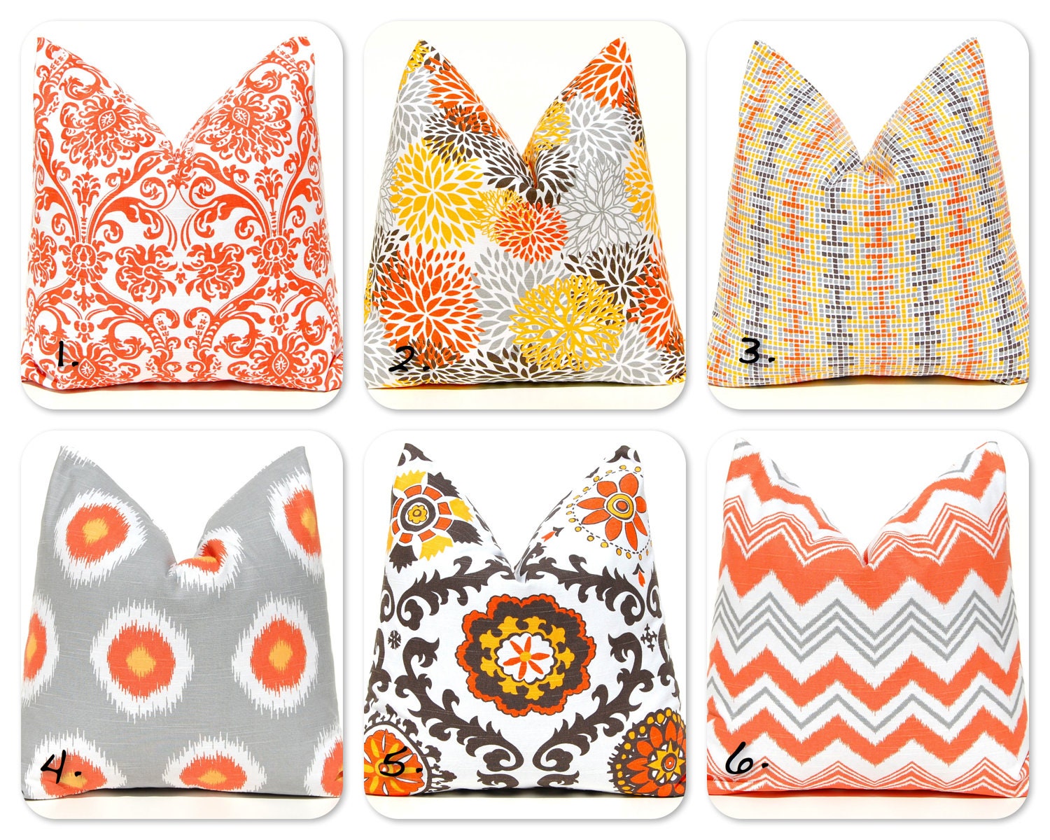 MEMORIAL DAY SALE Pillow Covers Decorative Throw Pillow Orange, Brown and Gray on White Slub 20 x 20 Inches Cushion Covers Mix and Match