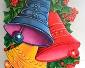 Vintage Christmas Cardboard Holiday Decorations Bells and Candlestick with Poinsettias
