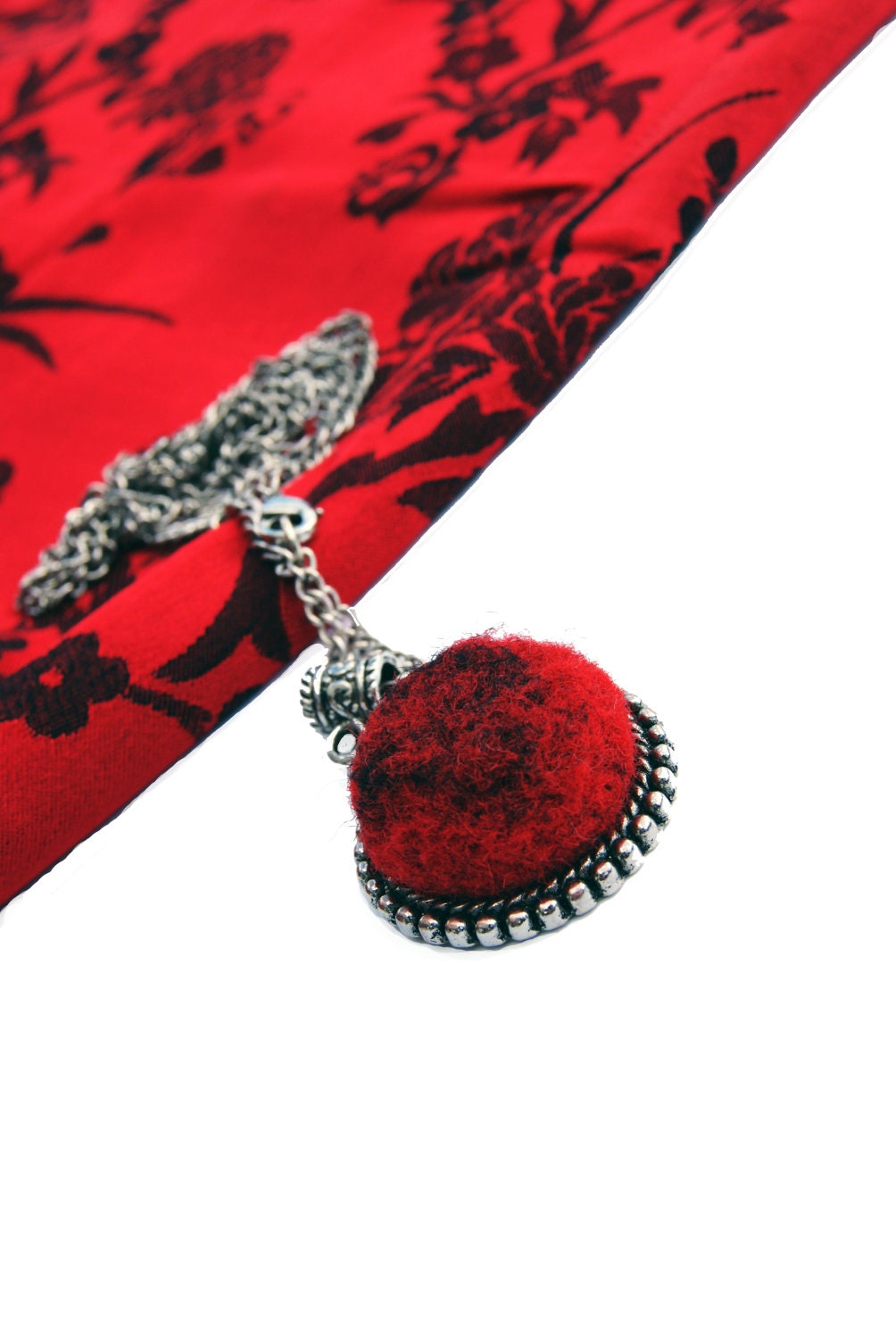 Elena's Felted Jewelry - Red Black Round Pendant Christmas Gift
