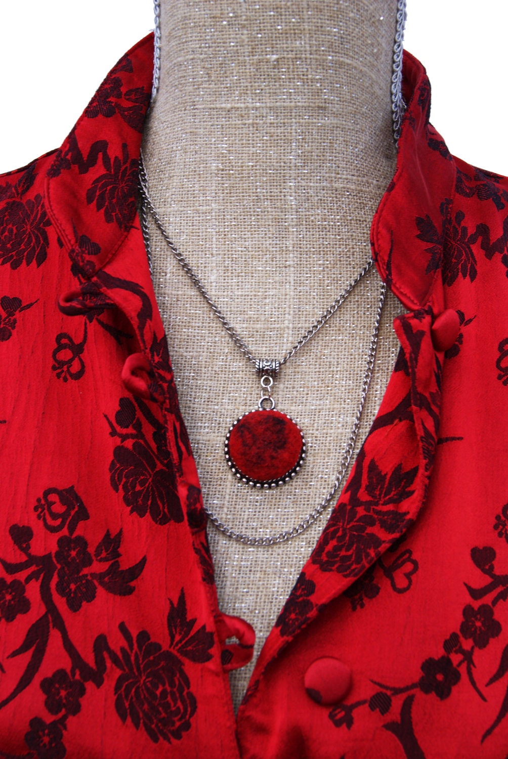 Elena's Felted Jewelry - Red Black Round Pendant Christmas Gift