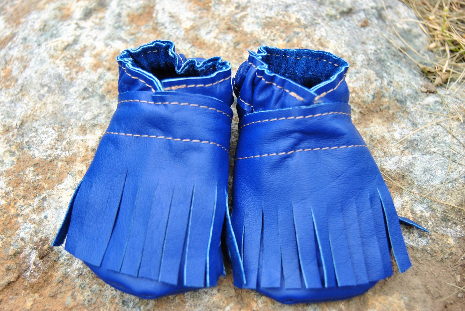 Blue Recycled Leather Fringed Baby Booties Newborn