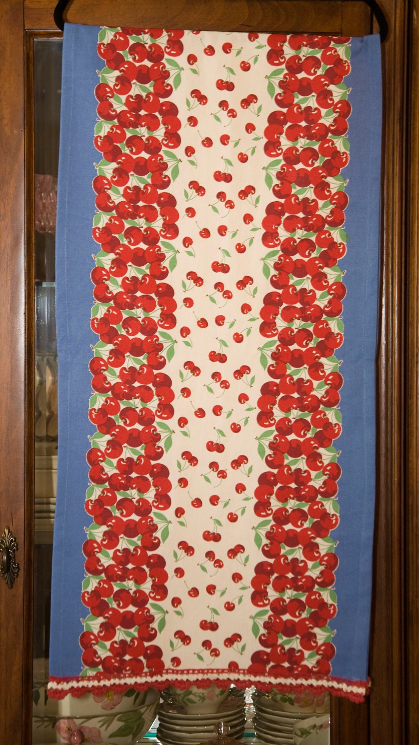 Table Runner Vintage Cherry Print on white with Red Crotchet Trim /Retro table Runner