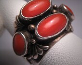 Vintage Native American Indian Coral Ring Silver Navajo