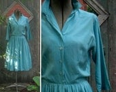 1950s Day Dress - 'Peter Stevens' - Turquoise Silk