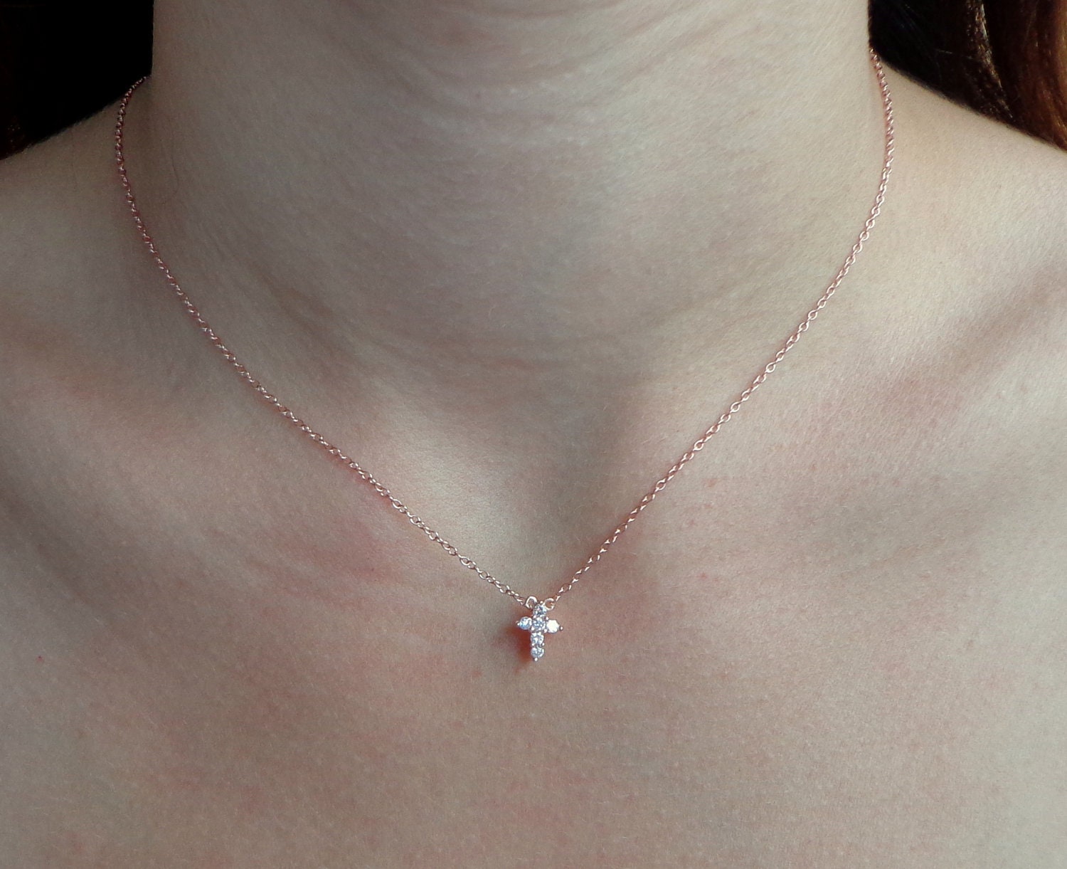 New - Tiny Rose Gold Cz Cross Necklace - Modern Cross, Gift for her, Love, Faith