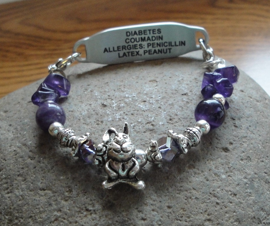 Child Medical Alert Interchangeable Bracelet - Diabetic, Epilepsy, Allergies, Seizures, Asthma, Penicillin, etc. - Amethyst - Rabbit