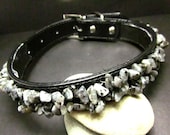 Large Black Leather Pet Collar With Labradorite Stone Chip Beads