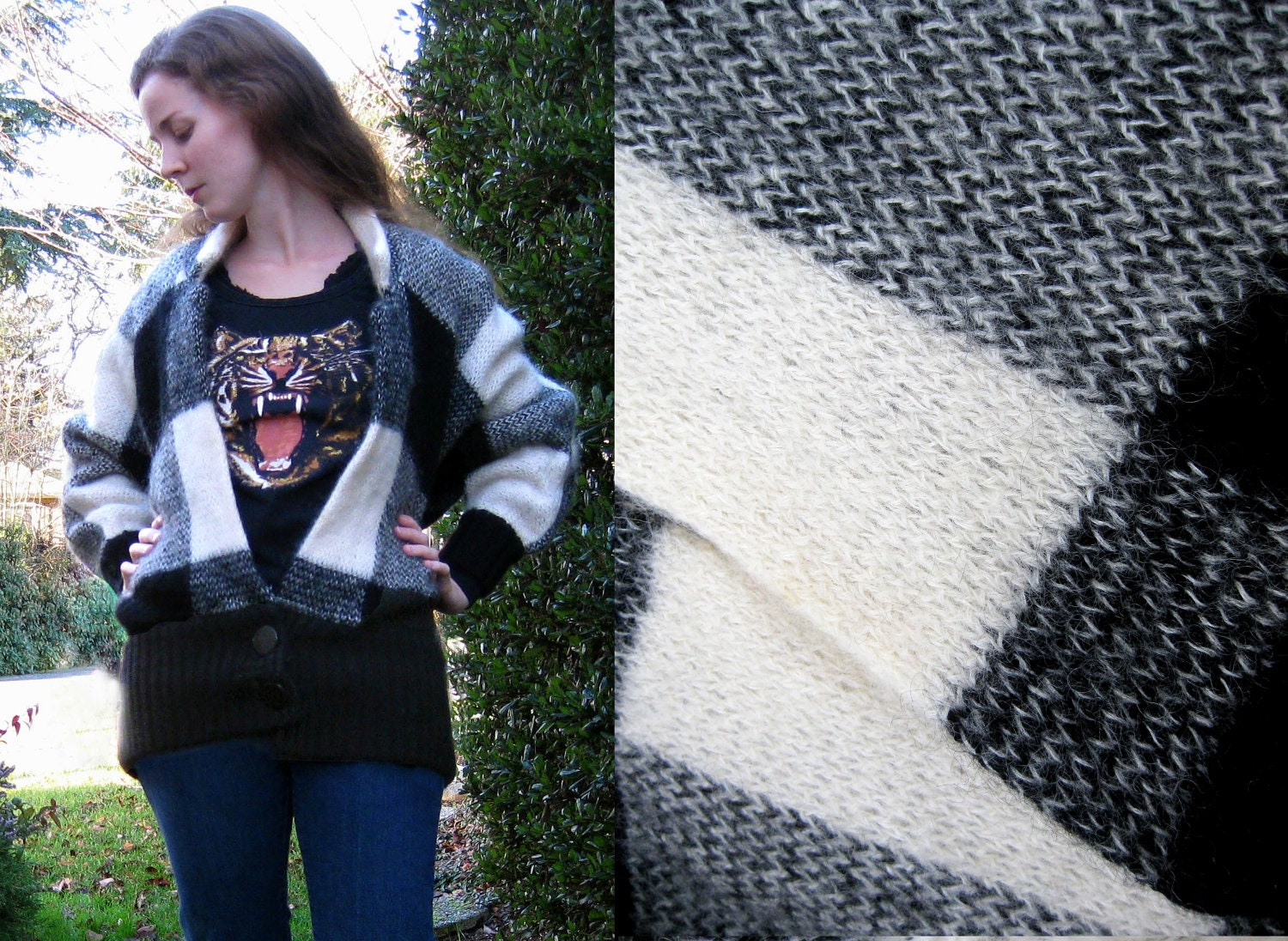 Slouchy Oversize Vintage 80s Mohair Plaid Sweater - Fuzzy Black White Checker Cardigan Cozy Fluffy Giant Hip Fashion Knit Wool Jacket S M L