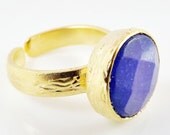 Navy Blue Round Jade Stone Adjustable Cocktail Statement Ring - 22k Matte Gold Plated - 1PC