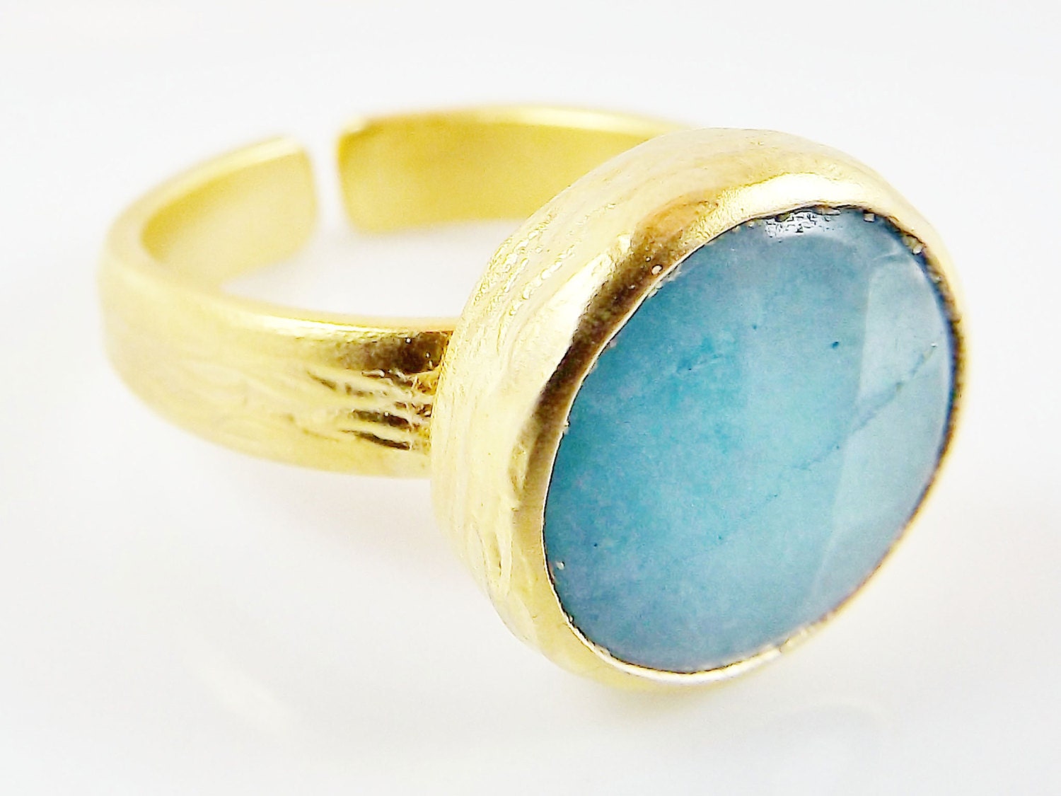 Aqua Round Jade Stone Adjustable Cocktail Statement Ring - 22k Matte Gold Plated - 1PC