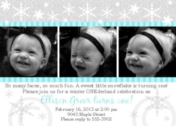 Gray Aqua Snowflakes Printable Photo Invite for Birthday Party or Baby Shower DIY Invitation by BeeAndDaisy Il_570xn