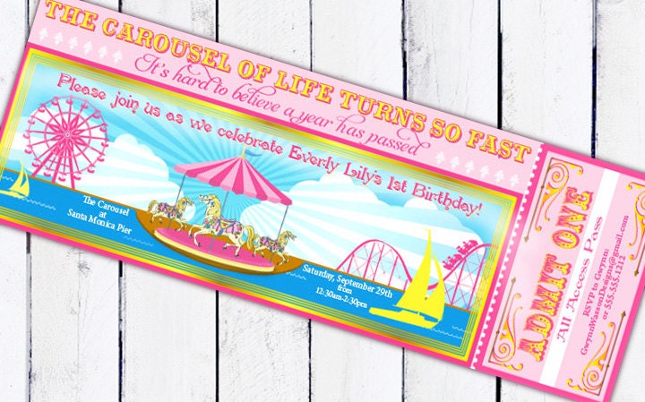 Vintage Carousel Invitation- Ticket Invitation Pink Yellow Aqua - Carousel Party - PRINTABLE - Gwynn Wasson Designs