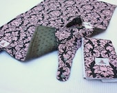 3pc Set Pink & Gray Dandy Damask with Charcoal -- Diaper Changing Mat, Paci-Bib and Burpie