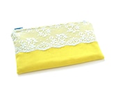 small yellow zipper pouch with vintage lace in pale blue / summer fashion / compact / cosmetic bag - SassyStitchesbyLori