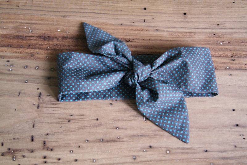 brown and teal polka dot headscarf  / tie up headband / adjustable / summer / knotted headband