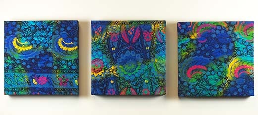 Batik fabric covered artist canvas triptych