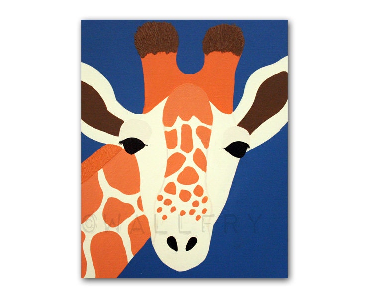 Giraffe Print nursery art. 8x10 safari artwork, baby jungle art, child zoo decor animal for kids rooms and playrooms in blue and orange