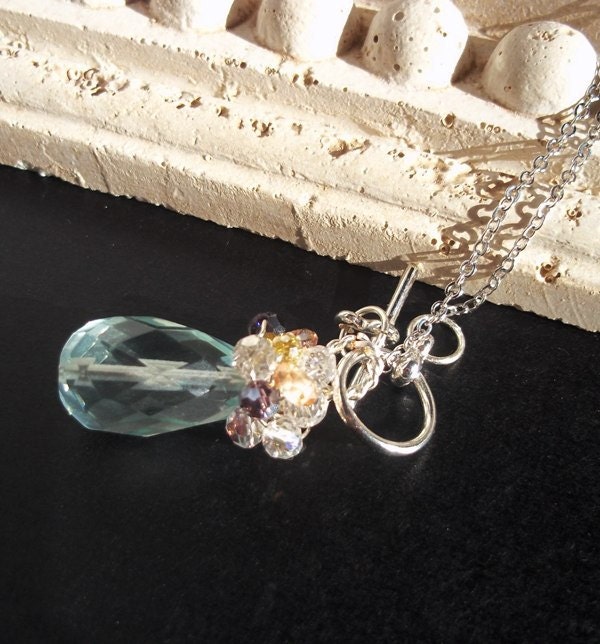 Aquamarine Quartz Faceted Teardrop Lariat Necklace Wire Wrapped Cluster of Crystals Modern Colorful Pendant