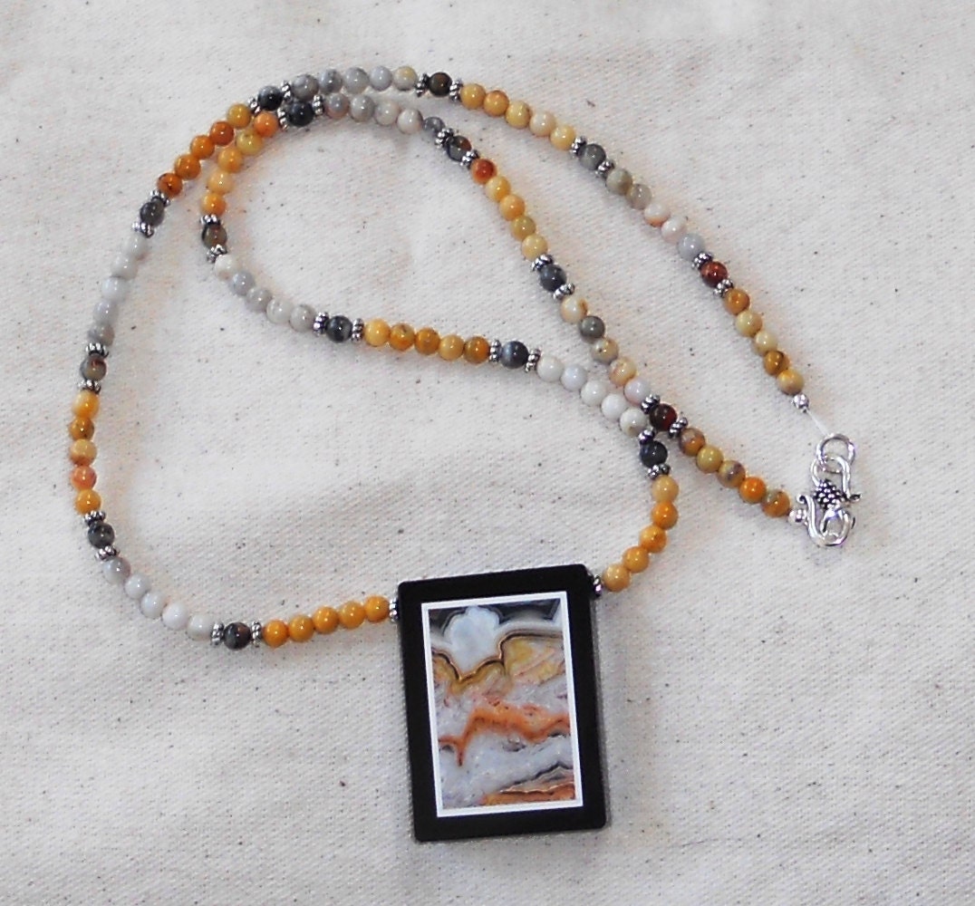 Yellow and black jasper intarsia necklace with brown gray lace agate bead pietra dura semiprecious stone jewelry J534
