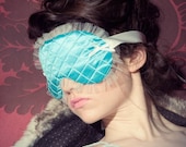 Sleep mask 'Chantilly' quilted teal silk and white silk tulle  - Couture Collection