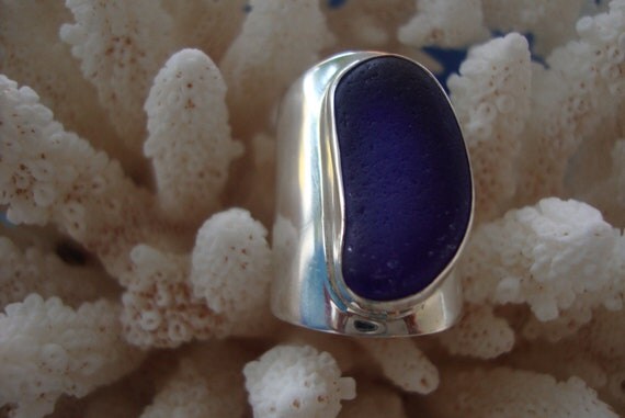 Beautiful Large cobalt blue sterling silver Sea glass ring size 6