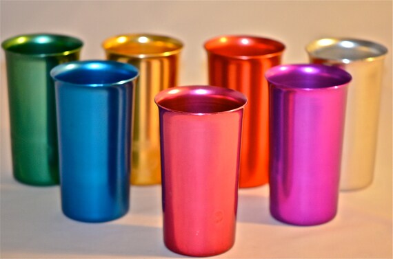 Mid Century Modern SUNBURST Atomic Colored Aluminum Tumblers in Bright Bold & Beautiful Anodized Colors