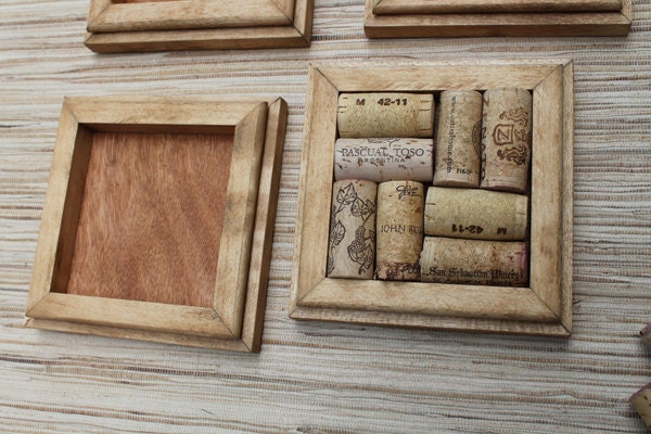 Honey Wine Cork Coasters - DIY set of 4 - on rustic reclaimed maple wood - crafts with corks