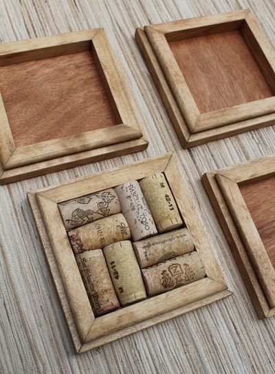 Honey Wine Cork Coasters - DIY set of 4 - on rustic reclaimed maple wood - crafts with corks