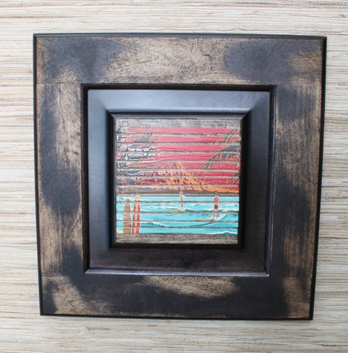 Upcycled Surf Wall Art - Tropical Surfing Beach Scene on Reclaimed Wood Door - recycled paper, distressed wood