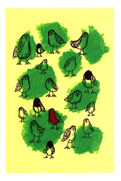 Retro green birdies -  Print of original illustration 5X5