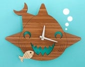 Bamboo Happy Shark Clock: Wooden Kids Wall Clock Ocean Nursery Children