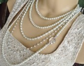 Elegant Multi Strand Pearl and Silver Long Layered Necklace and Earring Set
