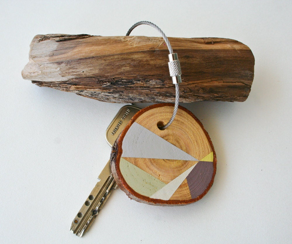SUMMER SALE 20% OFF - wood keychain with stainless steel cable wire, tones of pale brown, brown, olive and yellow geometric triangle shapes