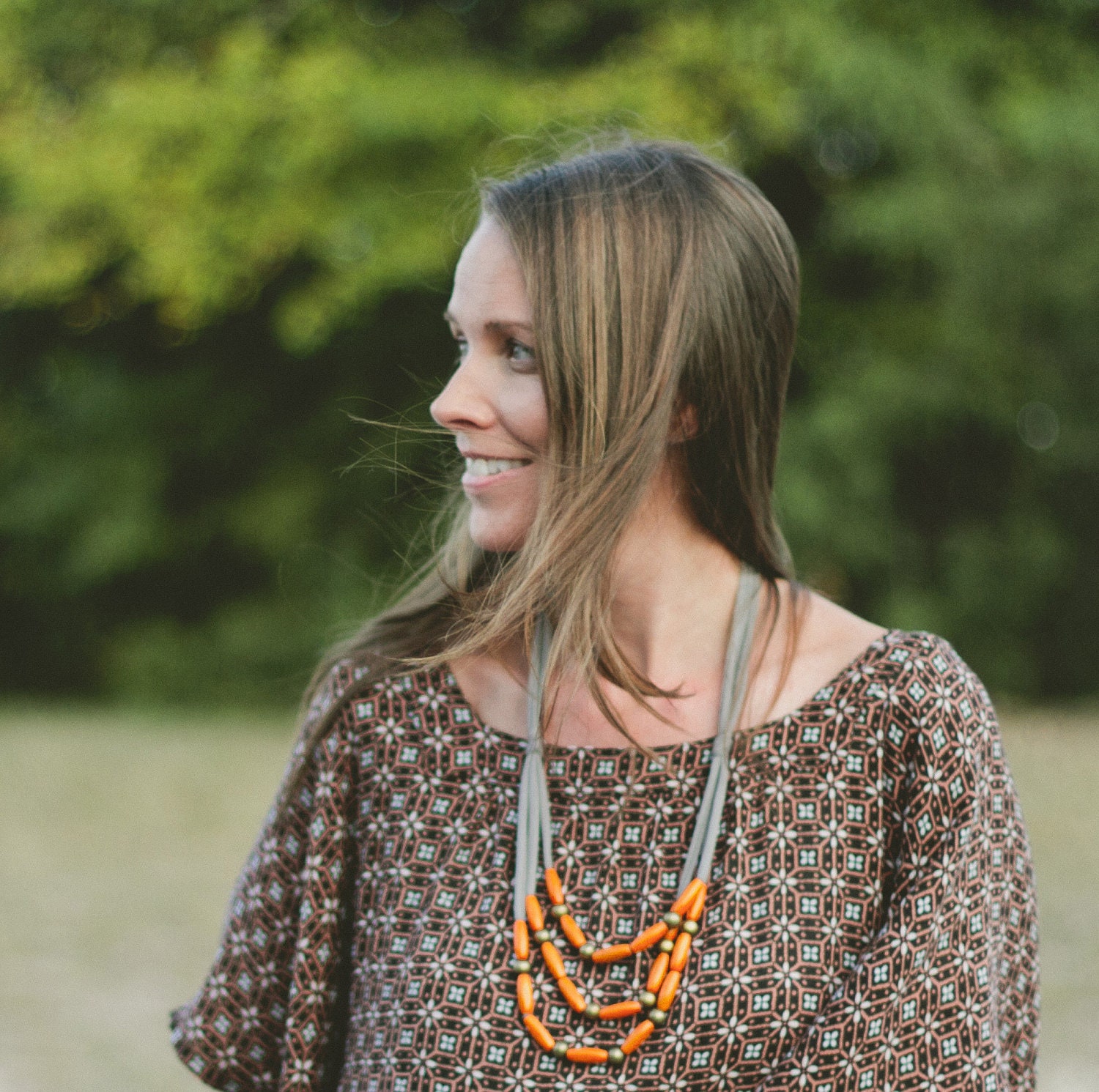 orange skinny wooden multi layer necklace