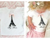 Big Sister Baby Announcement Personalized & Screen Printed Eiffel Tower Girl Short Sleeve Tee / T-Shirt. New Sister, New Baby