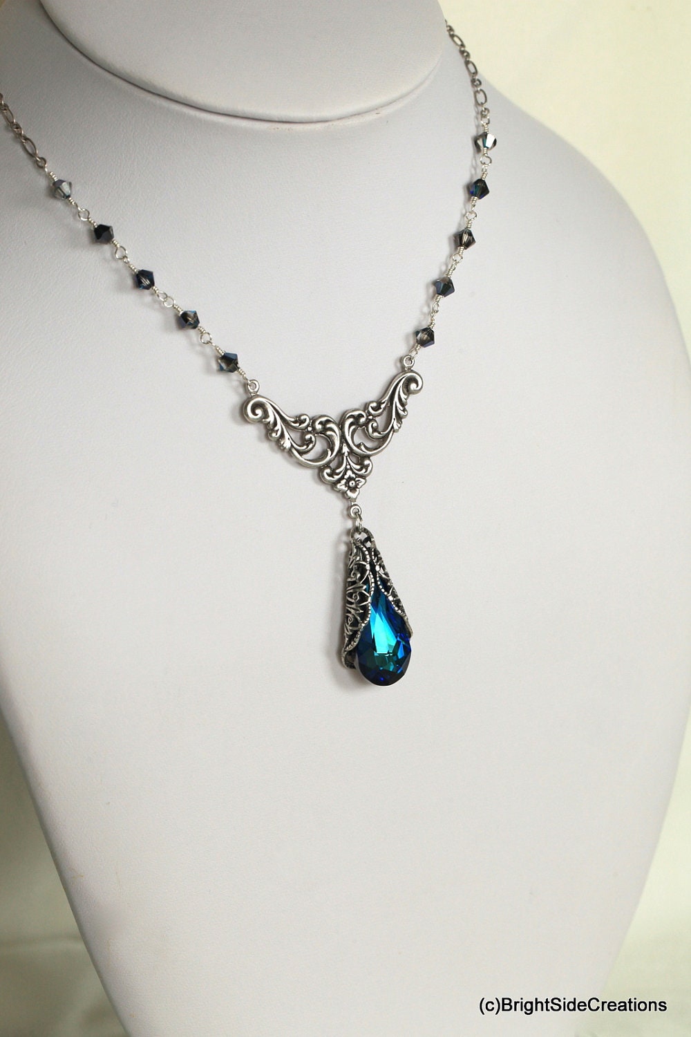 Fit for a Queen Victorian Filigree Necklace in Antique Silver with  Peacock Blue Swarovski Crystals