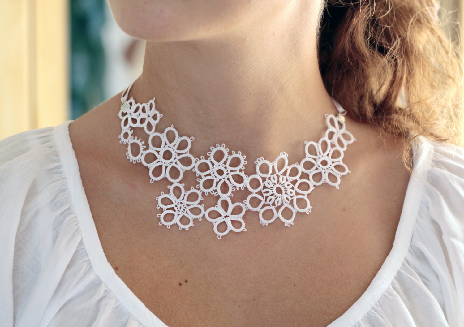 Bridal accessory: handmade tatted floral necklace in pure white - asymmetrical lace decoration