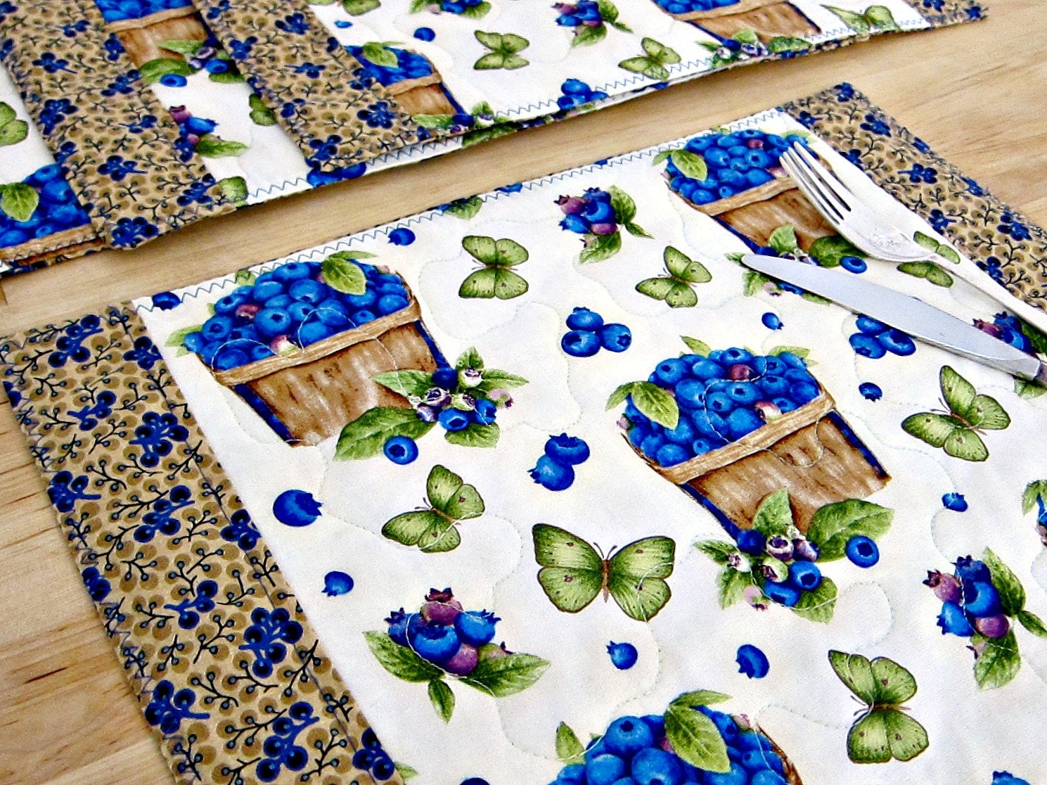 Quilted Placemats blueberry fruit blue white brown butterflies