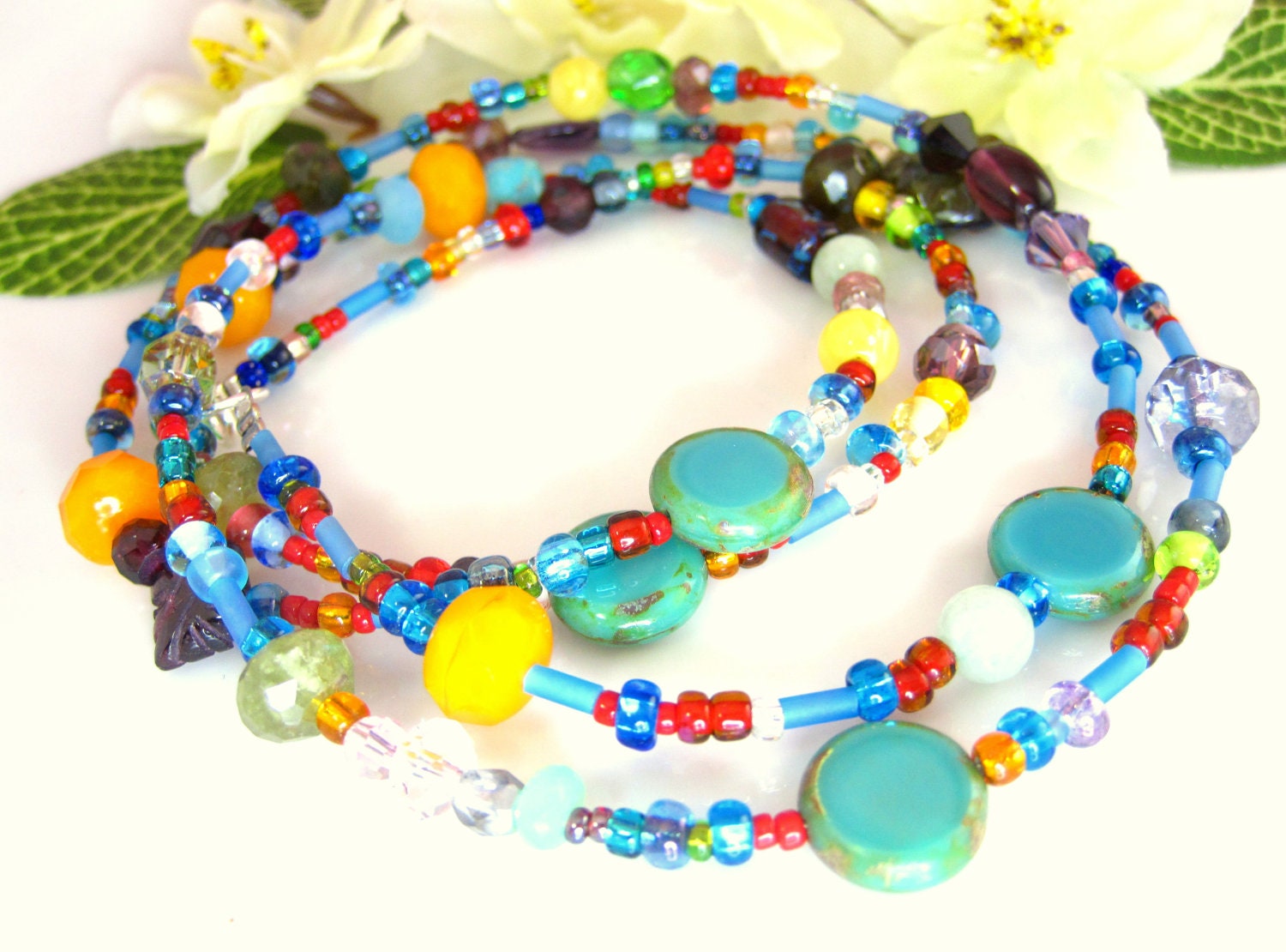 Rainbow beaded long rosary orange rondelle necklace