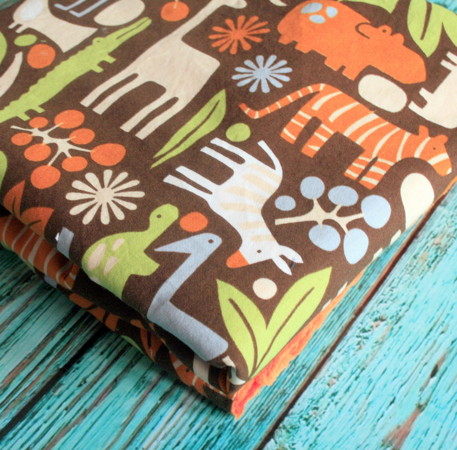 Minky Baby Blanket in Chocolate 2D Zoo with Orange Minky - Personalization Options Available