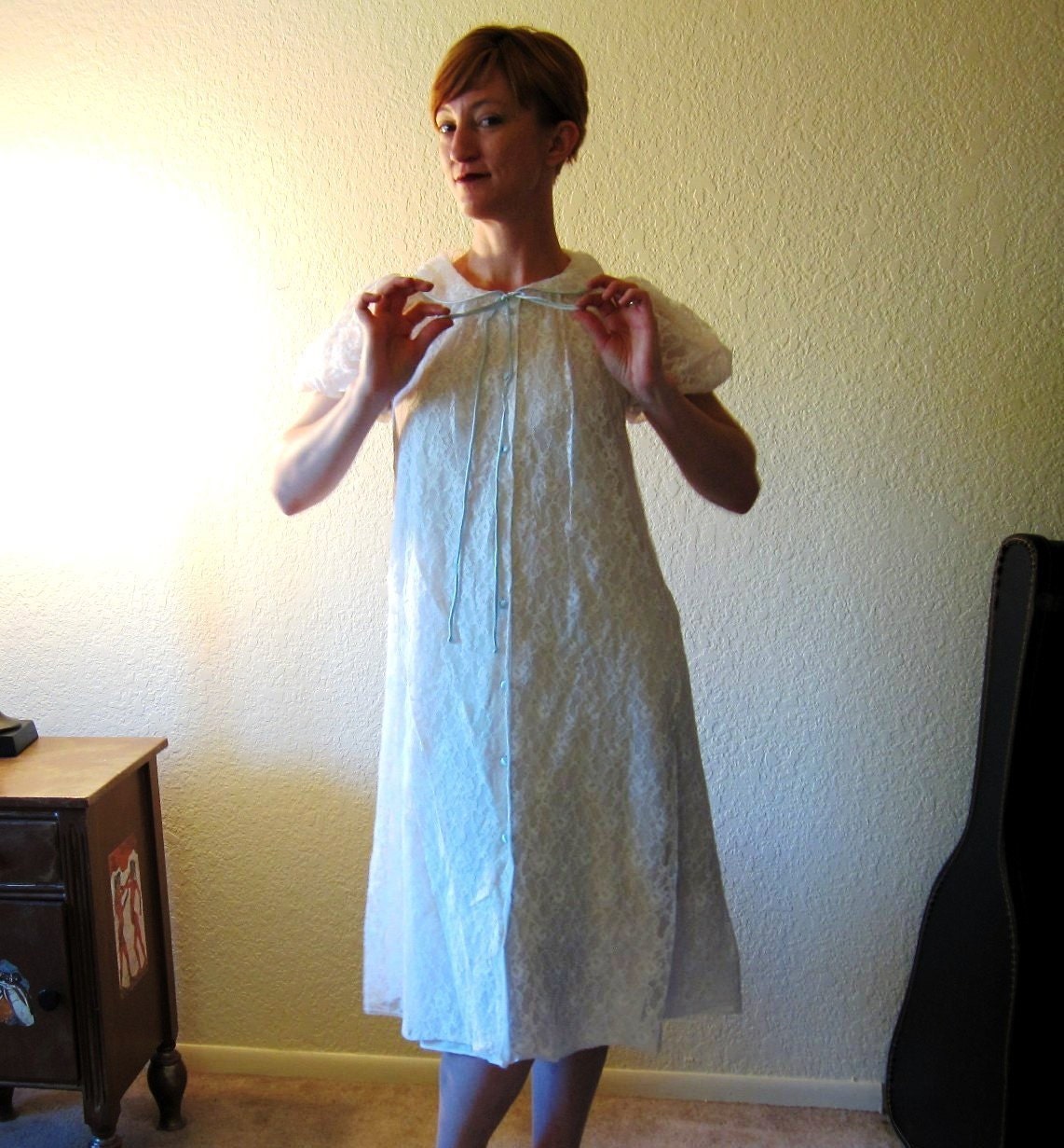 Vintage 50s White Lace Baby Doll Robe. Lingerie. Size S.