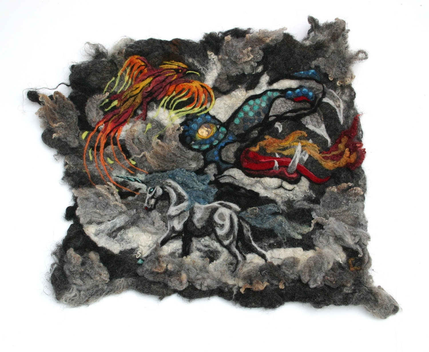 Felt Wall Hanging Storm of Myth and Magic Needlefelt Art Dragon Phoenix and Unicorn