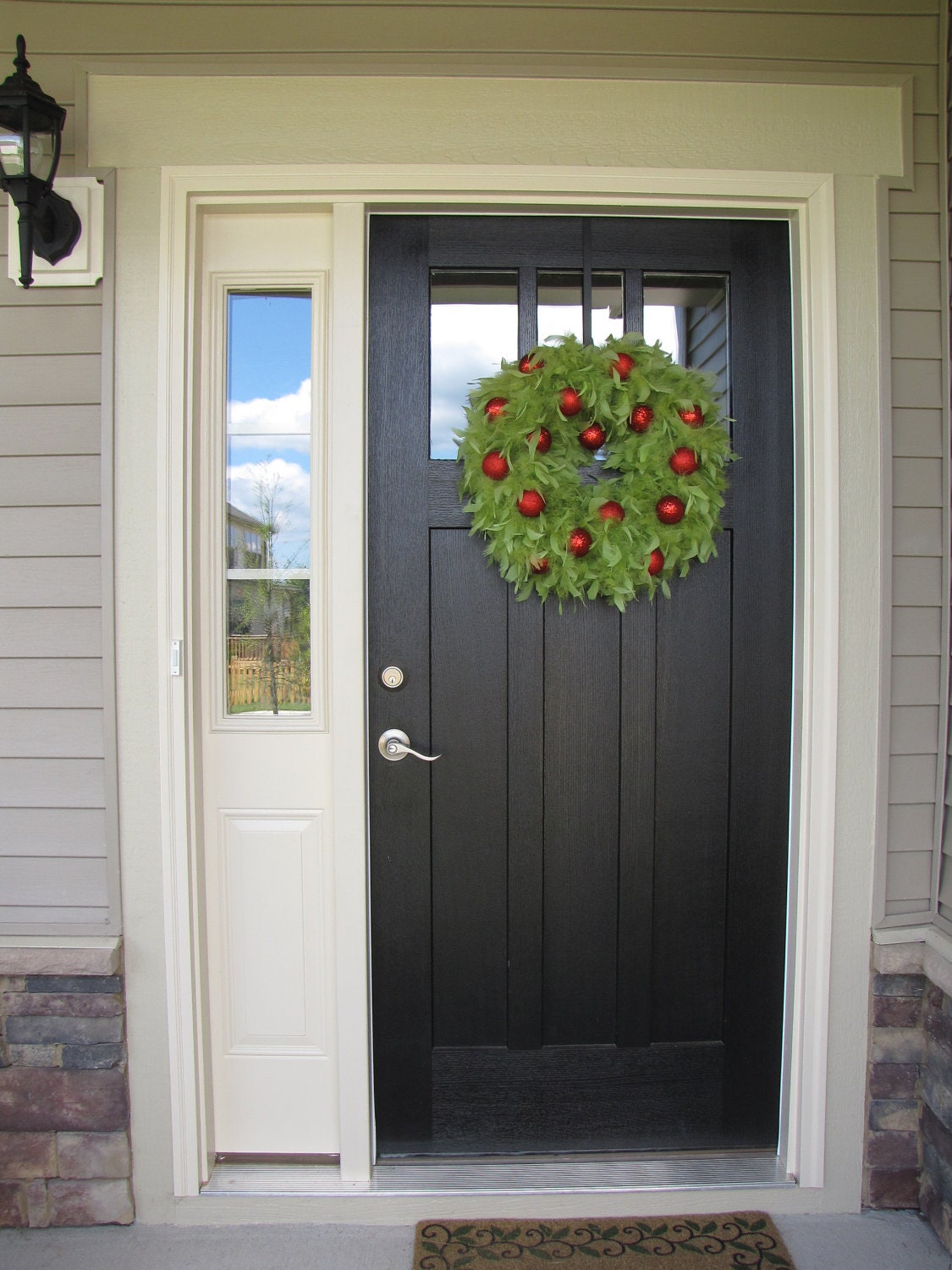 Christmas Wreath   Lime Green Feather Wreath with Red Ornaments- LAST ONE - Free Wreath Hanger Inlcuded